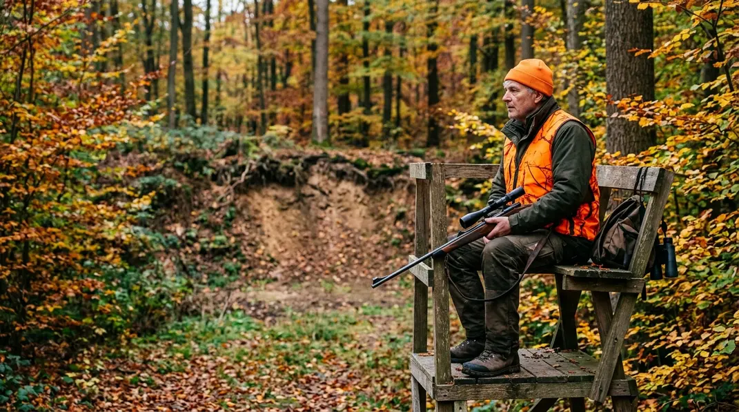 Jäger beobachtet während einer Drückjagd ruhig eine Waldschneise von einem Hochsitz aus.