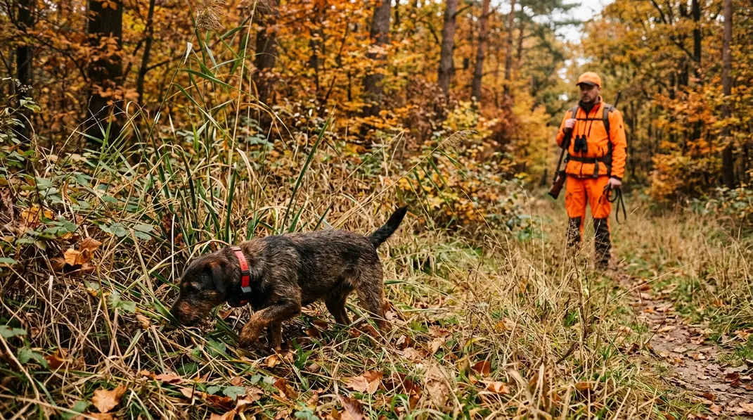Ein Stöberjagd-Hund sucht konzentriert in dichtem Schilf, während ein Jäger am Rand der Fläche steht.