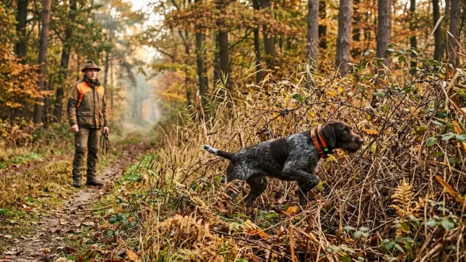 Ein Stöberjagd-Hund sucht am Rand eines dichten herbstlichen Waldstücks, während sein Hundeführer ihn beobachtet.