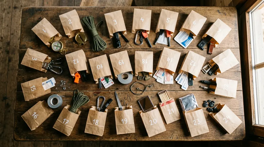 Geöffnete Adventskalender-Tüten mit Kompass, Paracord, Karabinern, Feuerstarter und Reparaturzubehör.
