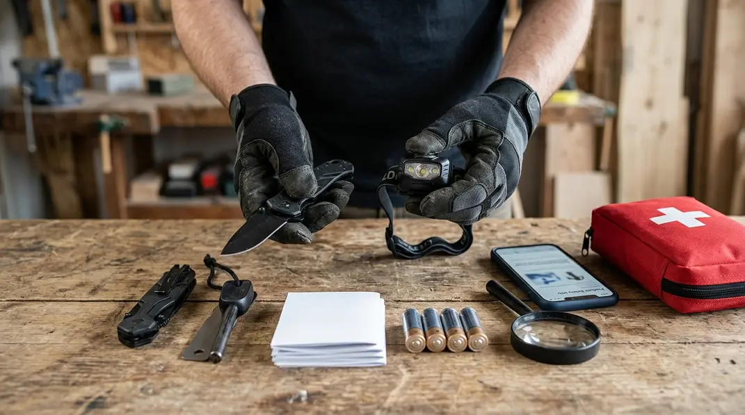 Hände prüfen Messer, Stirnlampe und Feuerstarter neben Anleitung und Erste-Hilfe-Set.