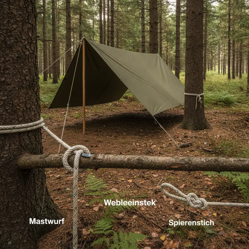Verschiedene Knoten für die sichere Tarp-Befestigung.