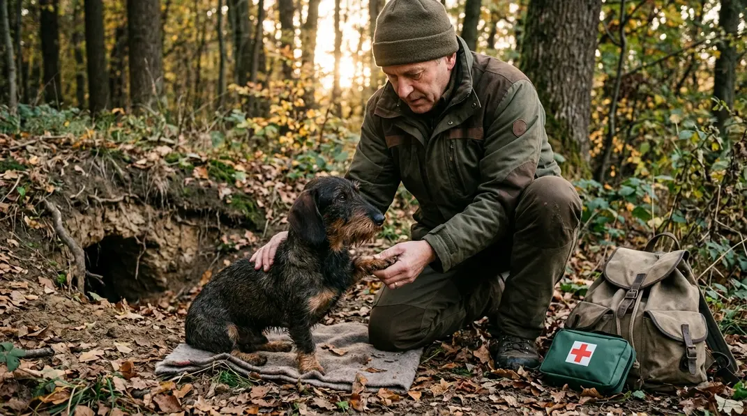 Jäger kontrolliert nach der Baujagd die Pfoten eines rauhaarigen Teckels.