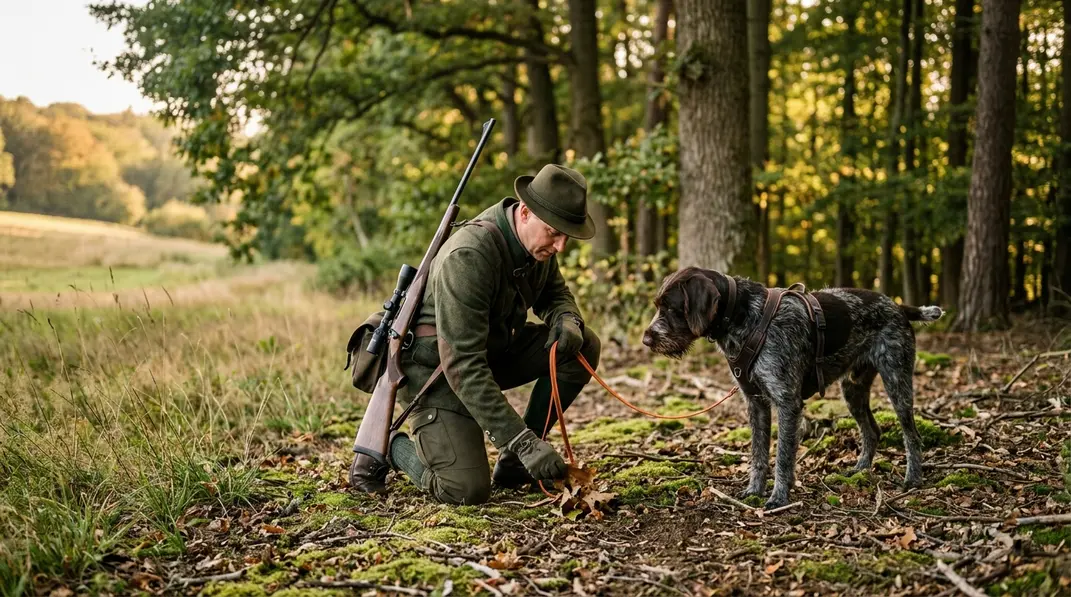 Jäger und Jagdhund suchen am Waldrand konzentriert nach einer Fährte.