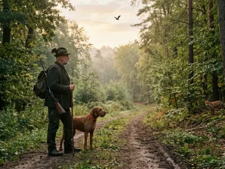 Jäger und Jagdhund im Wald bei Tollwut in Deutschland, mit Rotfuchs in der Ferne.