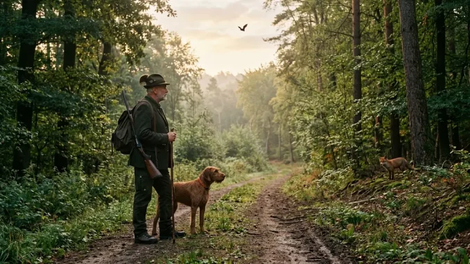 Jäger und Jagdhund im Wald bei Tollwut in Deutschland, mit Rotfuchs in der Ferne.
