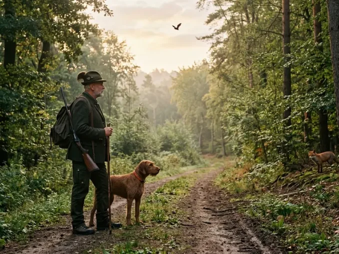 Jäger und Jagdhund im Wald bei Tollwut in Deutschland, mit Rotfuchs in der Ferne.