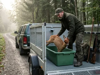 Jäger bereitet den Transport erlegten Wildes in einem sauberen, belüfteten Wildanhänger vor.