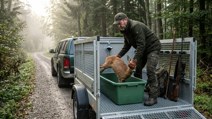 Jäger bereitet den Transport erlegten Wildes in einem sauberen, belüfteten Wildanhänger vor.