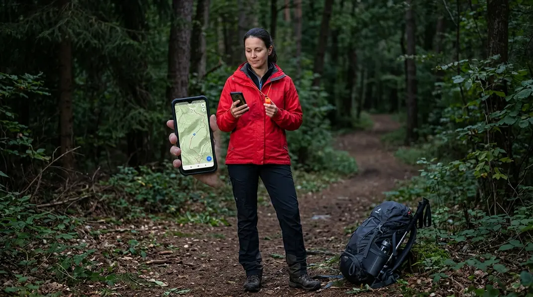 Person alarmiert Hilfe mit Smartphone an einer sichtbaren Waldlichtung.