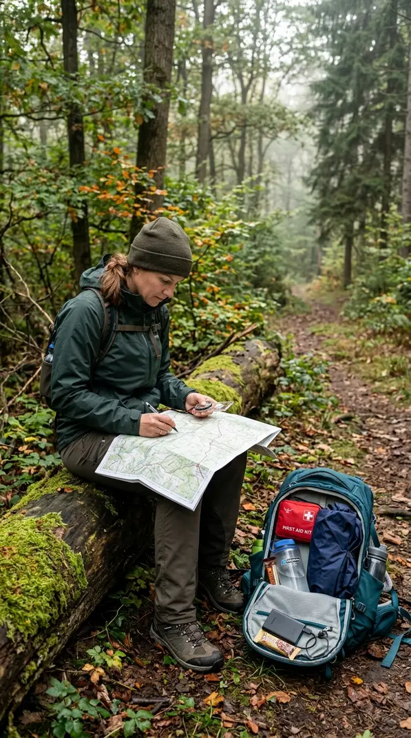 Outdoor-Person plant das Überleben im Wald mit Karte, Kompass und Notfallausrüstung.