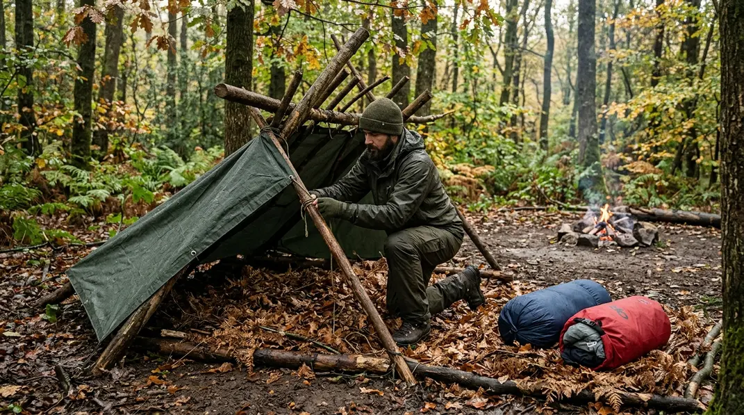 Waldschutz mit Bodenisolation schützt beim Überleben vor Regen und Kälte.