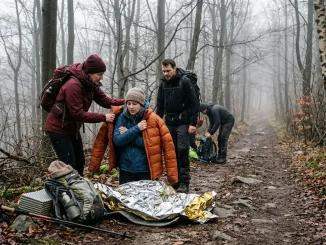 Wandernde helfen einer frierenden Person im Wald, um eine Unterkühlung zu erkennen und weiteren Wärmeverlust zu verhindern.
