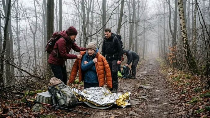 Wandernde helfen einer frierenden Person im Wald, um eine Unterkühlung zu erkennen und weiteren Wärmeverlust zu verhindern.
