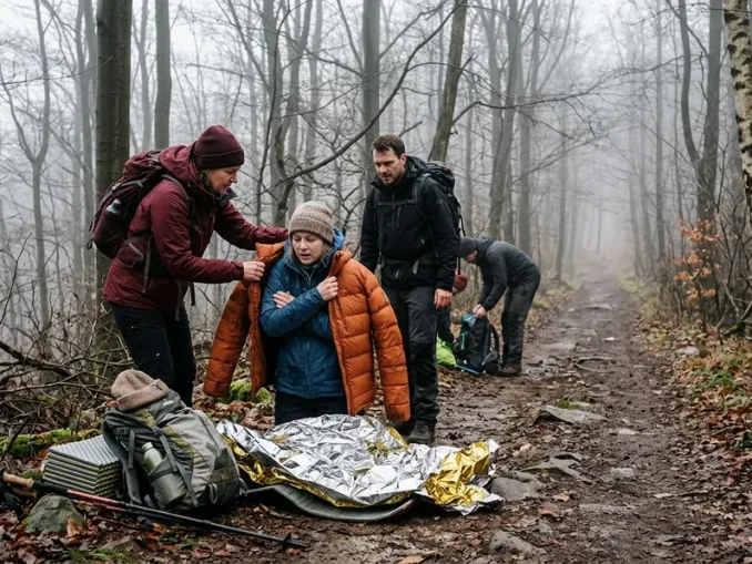 Wandernde helfen einer frierenden Person im Wald, um eine Unterkühlung zu erkennen und weiteren Wärmeverlust zu verhindern.