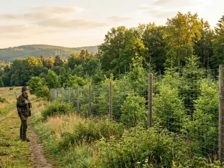 Junger Mischwald hinter einem Zaun für den Verbissschutz im Wald mit Äsungsfläche am Rand.