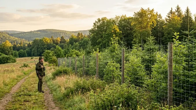 Junger Mischwald hinter einem Zaun für den Verbissschutz im Wald mit Äsungsfläche am Rand.