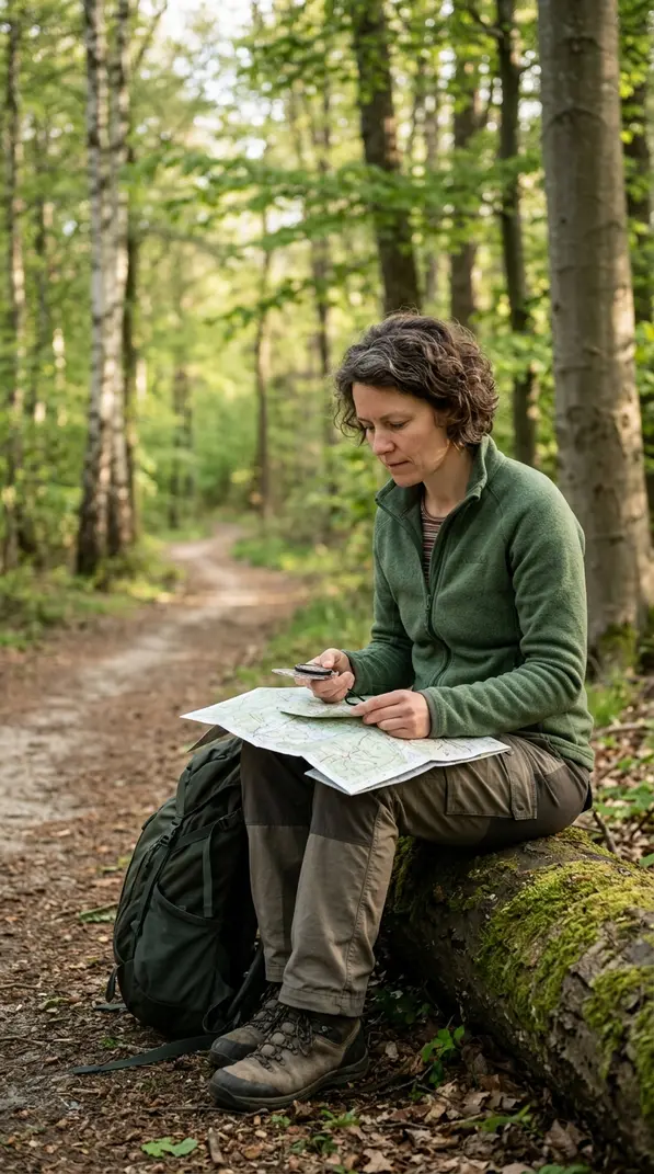 Wanderin bleibt bei ersten Anzeichen ruhig und prüft Karte und Kompass.