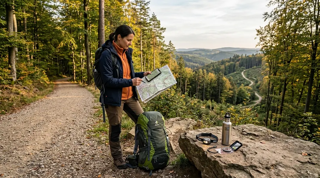 Wanderer prüft seinen Standort mit Karte, Smartphone und Kompass.