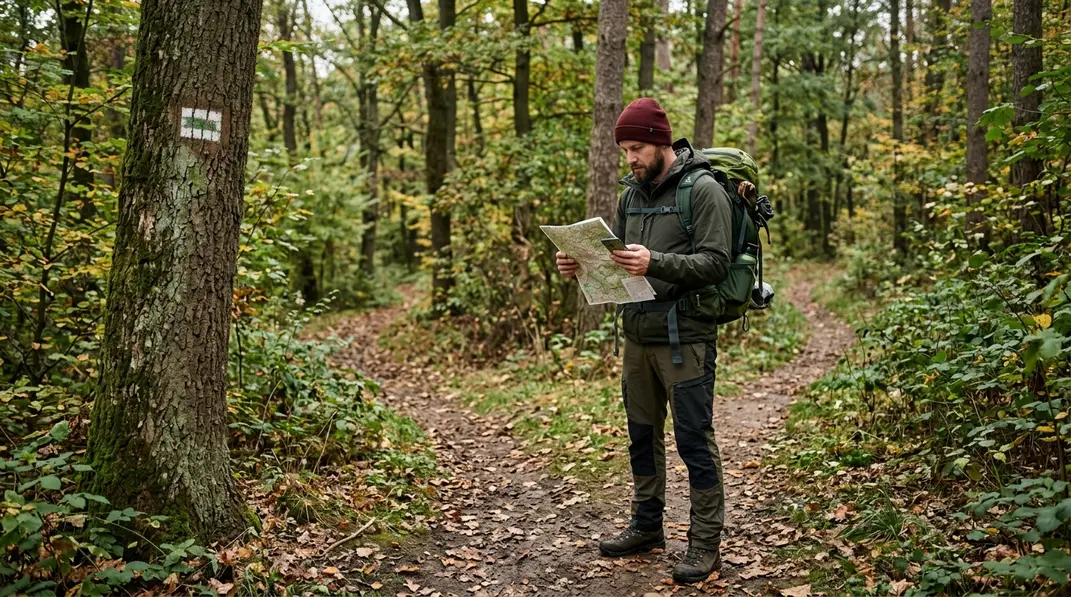 Wanderer vergleicht an einer Weggabelung Karte und Gelände.