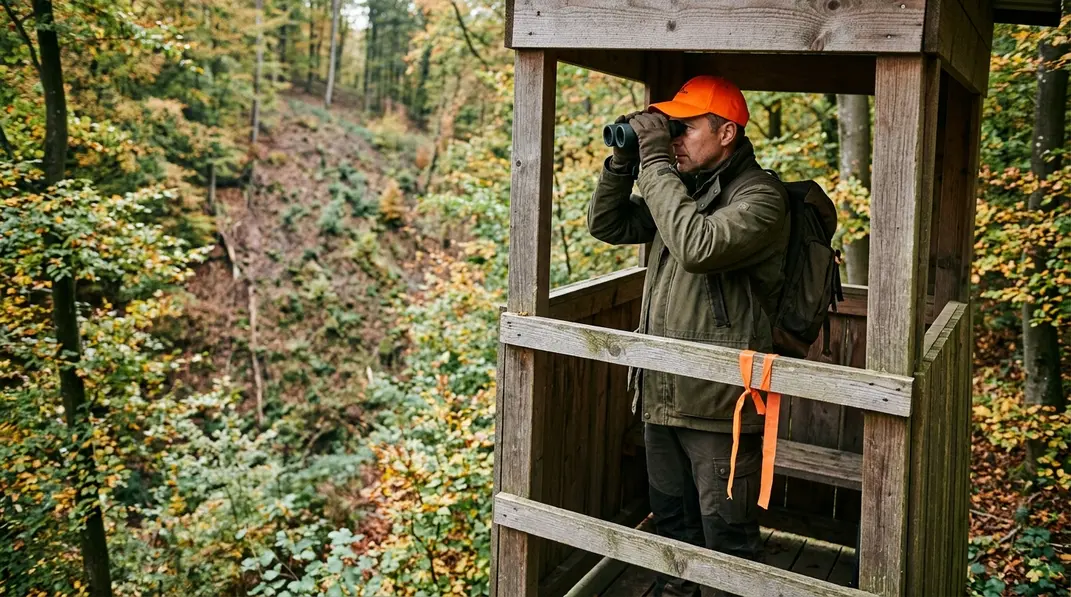 Jäger prüft von einer erhöhten Jagdkanzel ein freies Schussfeld mit gewachsenem Boden als Kugelfang.
