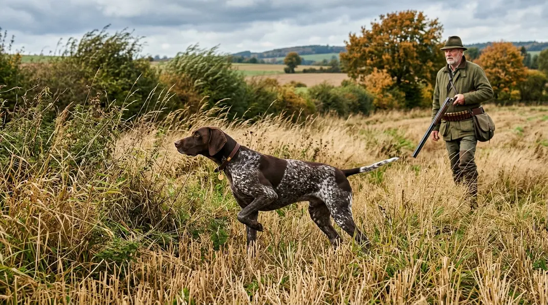 Ein Vorstehhund steht mit angehobenem Vorderlauf in einer windbewegten Feldflur vor.