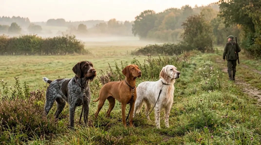 Deutsch Drahthaar, Magyar Vizsla und English Setter stehen aufmerksam am Rand einer Wiese.