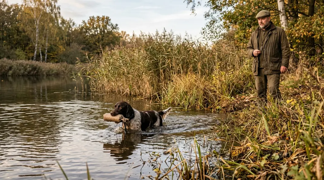 Ein Kleiner Münsterländer apportiert im Schilfwasser eine Übungstattrappe zum wartenden Jäger.