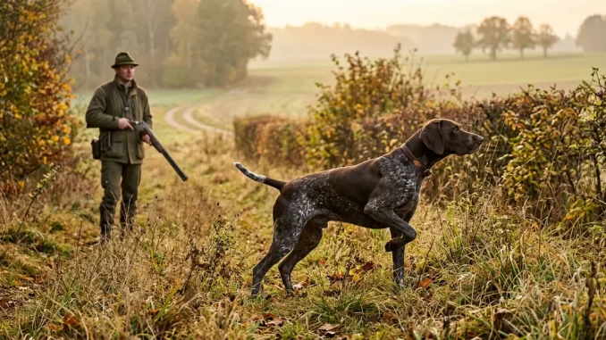 Ein Deutsch Kurzhaar als Vertreter der Vorstehhunde-Rassen steht konzentriert in einer herbstlichen Feldflur vor.