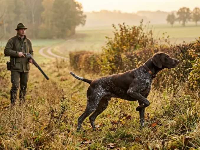 Ein Deutsch Kurzhaar als Vertreter der Vorstehhunde-Rassen steht konzentriert in einer herbstlichen Feldflur vor.