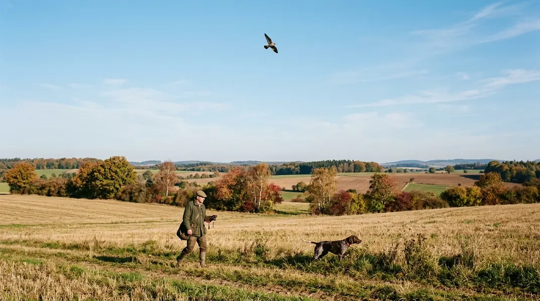 Wanderfalke kreist über einem Falkner und Jagdhund in einer herbstlichen Feldlandschaft.