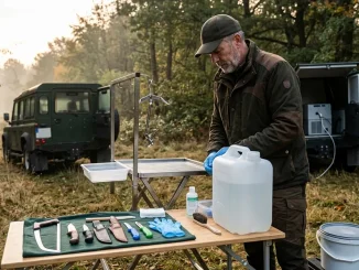 Jäger, die Wild aufbrechen, mit sauberem Werkzeug und mobiler Aufbrechhilfe im Revier.