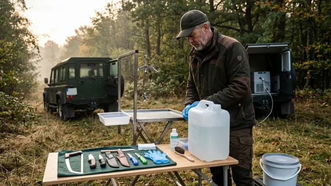 Jäger, die Wild aufbrechen, mit sauberem Werkzeug und mobiler Aufbrechhilfe im Revier.