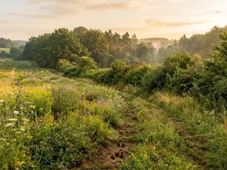 Sonnige Wildacker-Anlage mit vielfältigem Pflanzenbestand am ruhigen Waldrand.