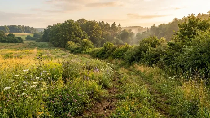 Sonnige Wildacker-Anlage mit vielfältigem Pflanzenbestand am ruhigen Waldrand.
