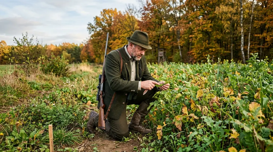 Jäger kontrolliert den dichten Bestand einer gepflegten Wildacker-Anlage am Waldrand.