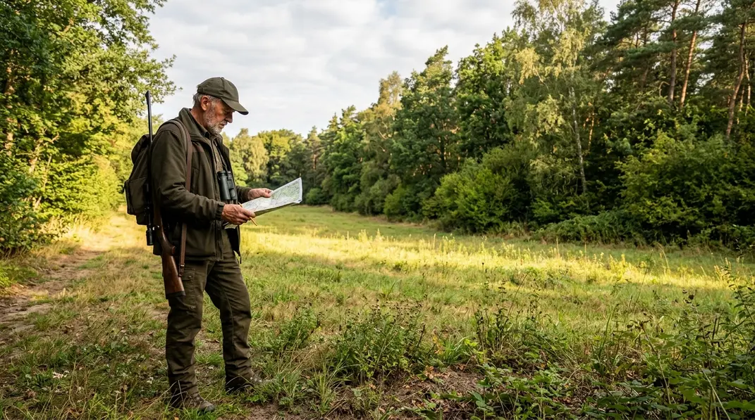 Jäger prüft den sonnigen Standort einer Wildacker-Anlage am ruhigen Waldrand.