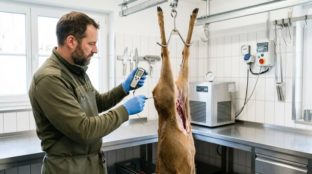 Jäger misst die Temperatur eines frei hängenden, aufgebrochenen Rehs in einer sauberen Wildkammer.