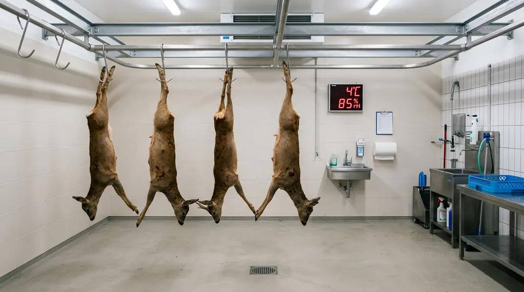 Mehrere Rehe hängen mit Abstand in einer sauberen Wildkammer bei kontrollierter Kühltemperatur.