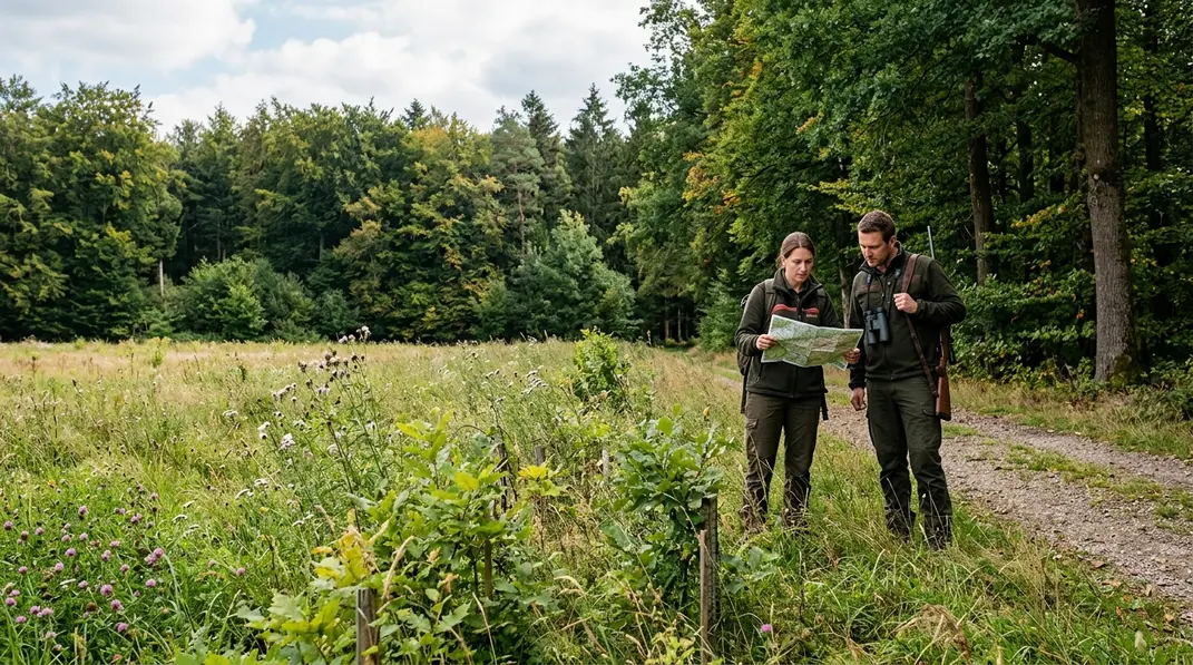 Jäger und Försterin planen Wildlenkung an einer Äsungsfläche neben junger Waldverjüngung.