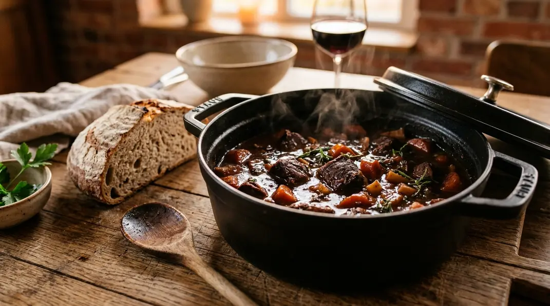 Fertig geschmortes Wildschweingulasch mit zarten Fleischwürfeln in dunkler Sauce.