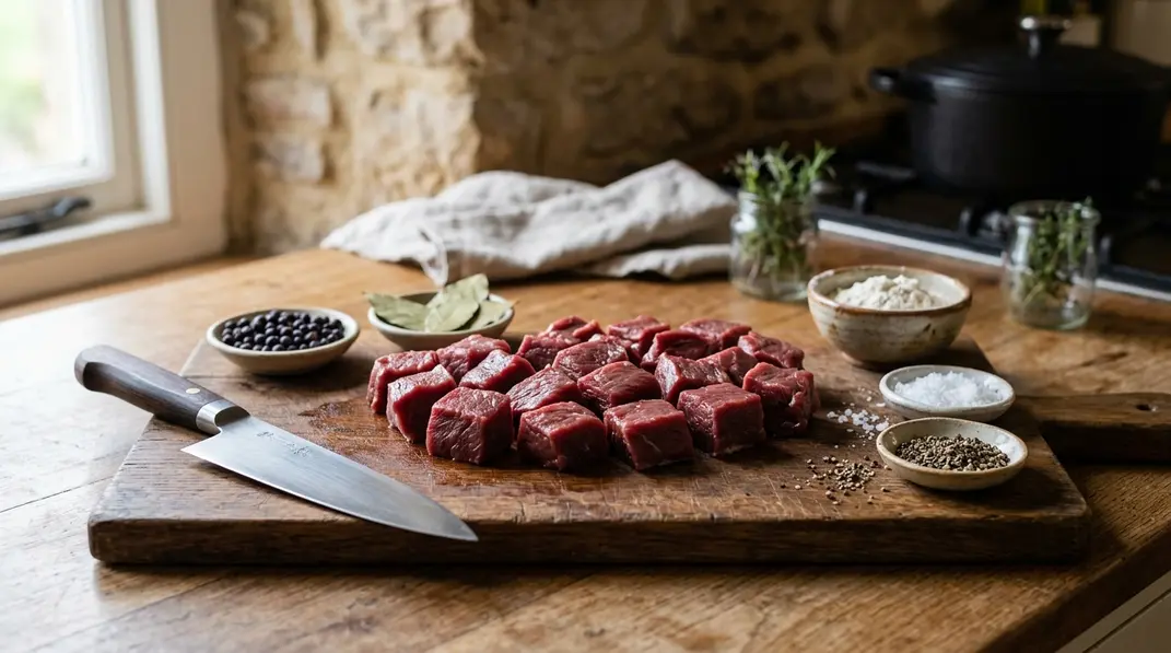 Parierte Wildschweinwürfel für Wildschweingulasch auf einem Holzbrett mit Wacholder und Lorbeer.