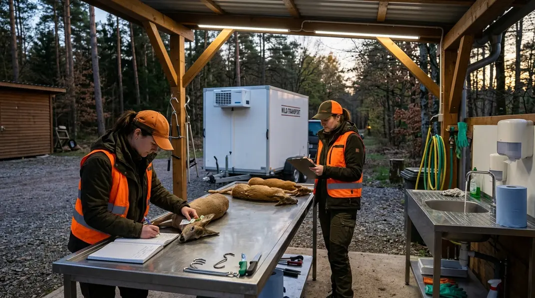 Jäger dokumentieren und versorgen Wild hygienisch an einem vorbereiteten Aufbrechplatz.