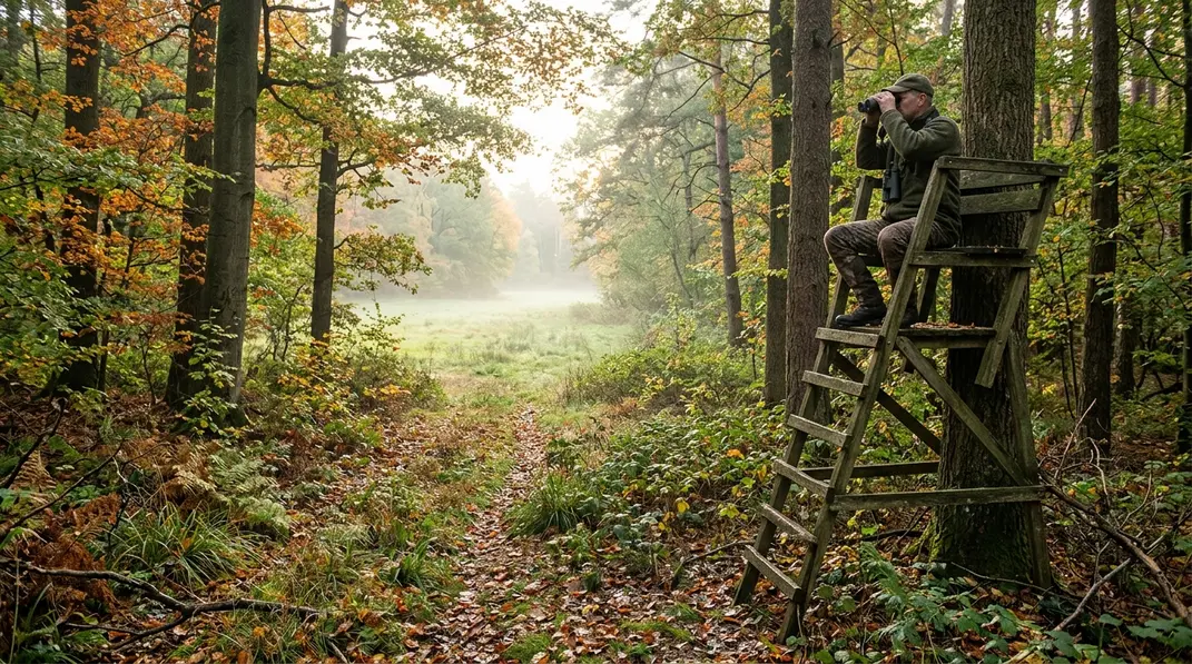 Jäger beobachtet von einer Jagdleiter einen Wildwechsel an einer herbstlichen Äsungsfläche.