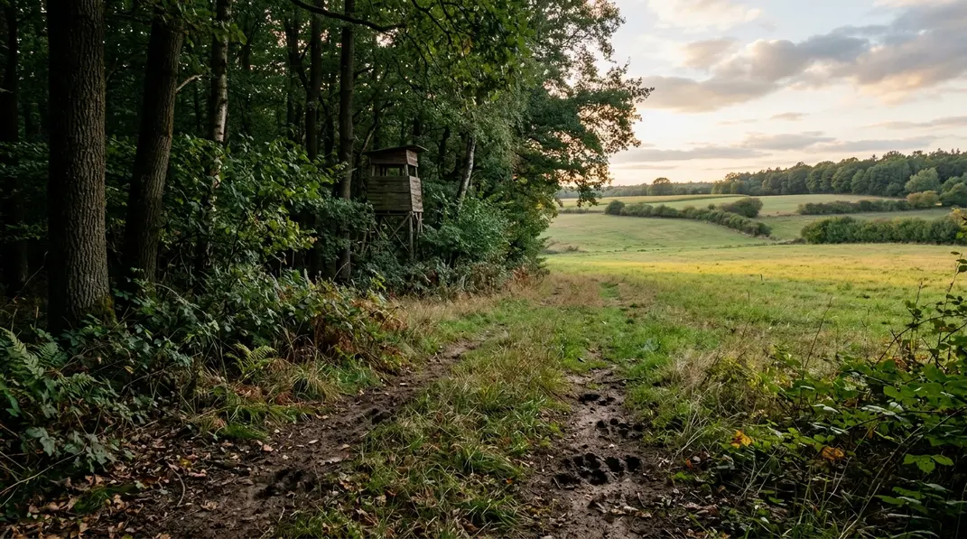Frischer Wildwechsel führt aus dichter Walddeckung zu einer Äsungsfläche neben einem Hochsitz.