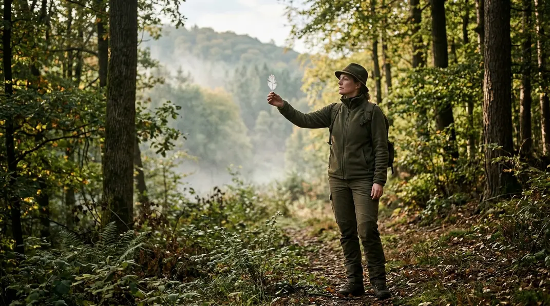 Jägerin prüft am Waldrand mit einer Feder die Windrichtung.