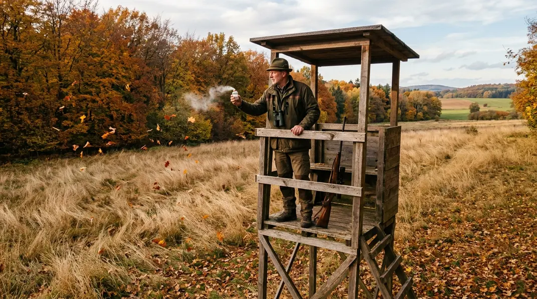 Jäger prüft am Ansitz im Herbst die Windrichtung neben einer Kanzel am Waldrand.