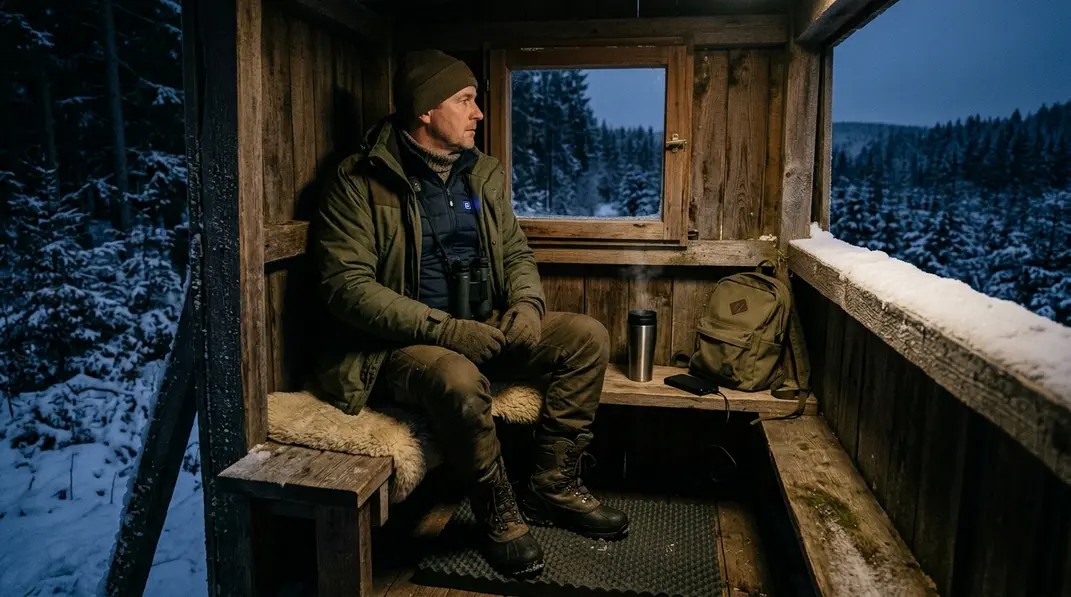 Jäger auf einer winterlichen Kanzel mit Heizweste, Thermobecher und vorbereiteter Powerbank.