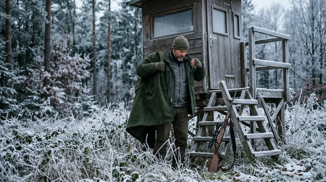 Jäger legt am winterlichen Ansitz eine zusätzliche isolierende Jacke über seine trockenen Kleidungsschichten.