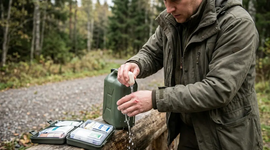 Person spült eine Bisswunde an der Hand mit Wasser und Seife.